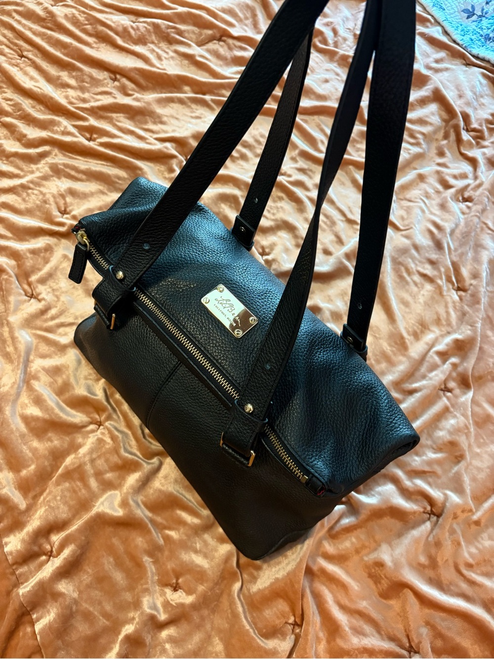 L.L. Bean Black Pebble Leather Shoulder Tote with Gold Plate - Picture 3 of 16